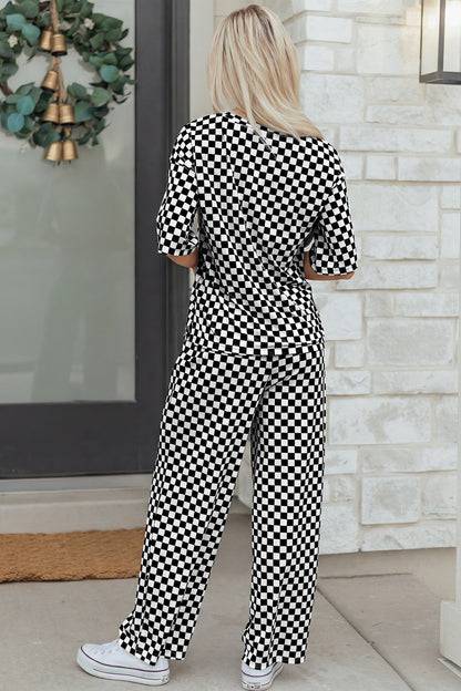 Khaki Checkered Print Half Sleeve Tee 2pcs Lounge Pant Set