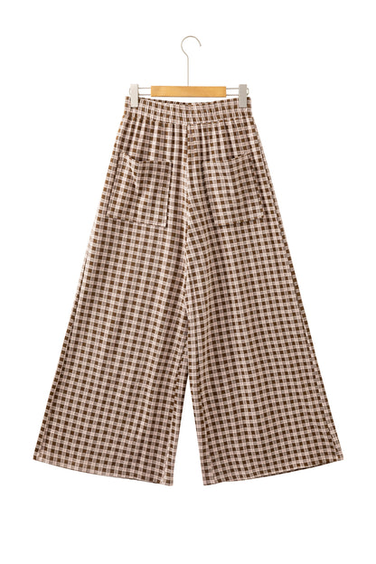 Brown Plaid Elastic Waist Patch Pocket Wide Leg Pants