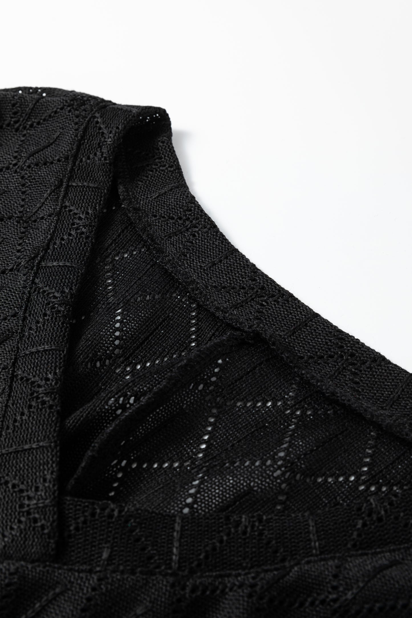 Black Pointelle Rhombus Knit Plus Size V Neck Loose Top