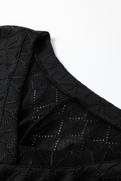 Black Pointelle Rhombus Knit Plus Size V Neck Loose Top