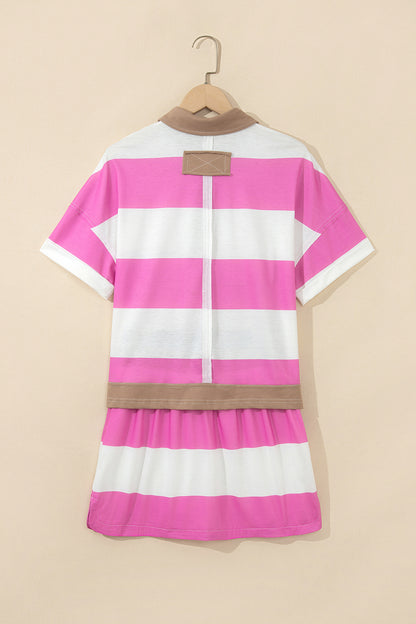 Rose Stripe Colorblock Trim Polo Tee Drawstring Mini Skirt 2pcs Set