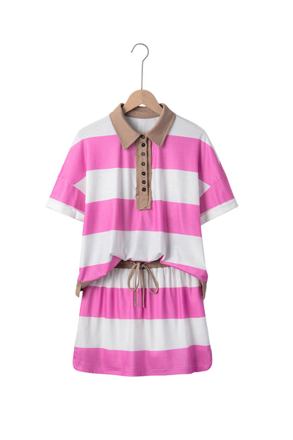 Rose Stripe Colorblock Trim Polo Tee Drawstring Mini Skirt 2pcs Set