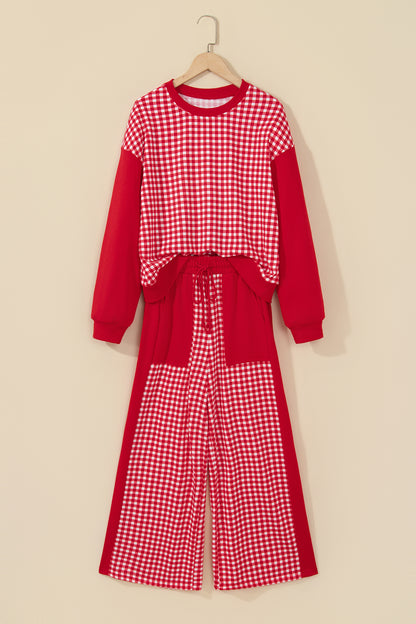 Pink Color Block Plaid Patchwork Long Sleeve Pullover Wide Leg Pant Set