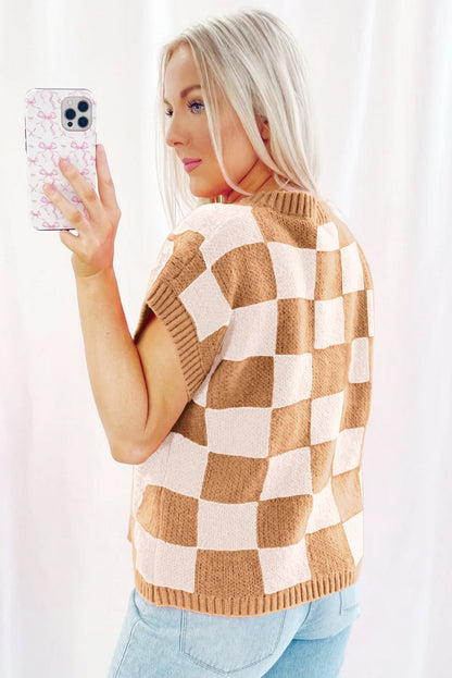 Strawberry Pink Colorblock Plaid Pattern Ribbed Trim Sweater Tank Top