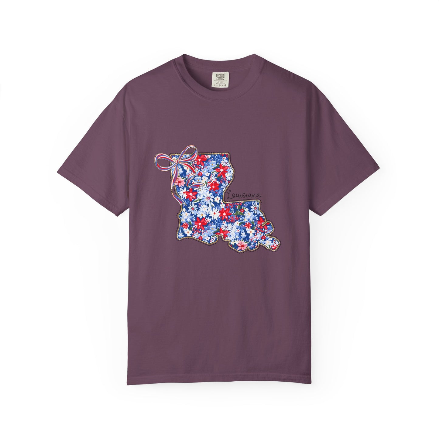 Louisiana Floral State Map T-Shirt — Red, White & Blue "Louisiana" Design