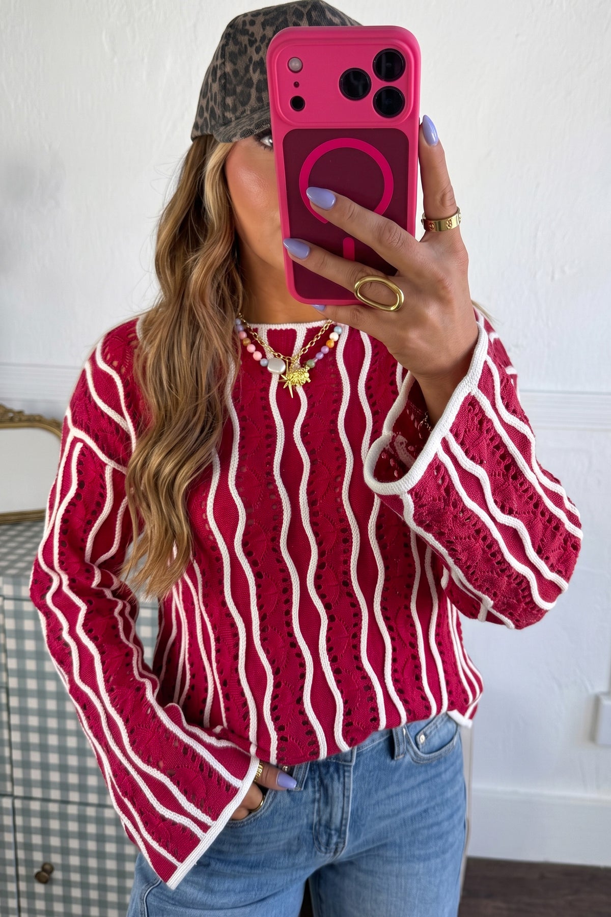 Racing Red Wavy Detail Hollow Out Knit Long Sleeve Cotton Pullover Sweater
