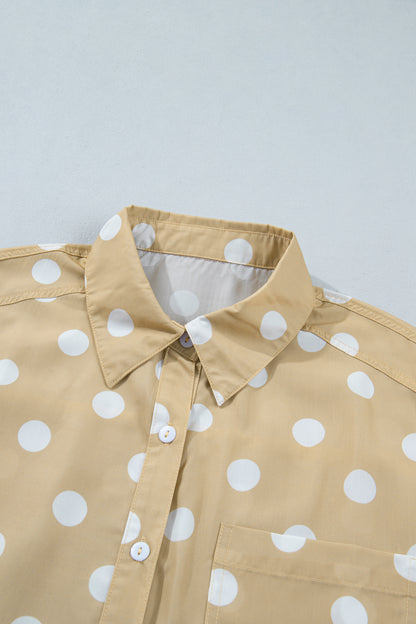 White Polka Dot Print Three Quarter Sleeve Ruffle Hem Casual Shirt