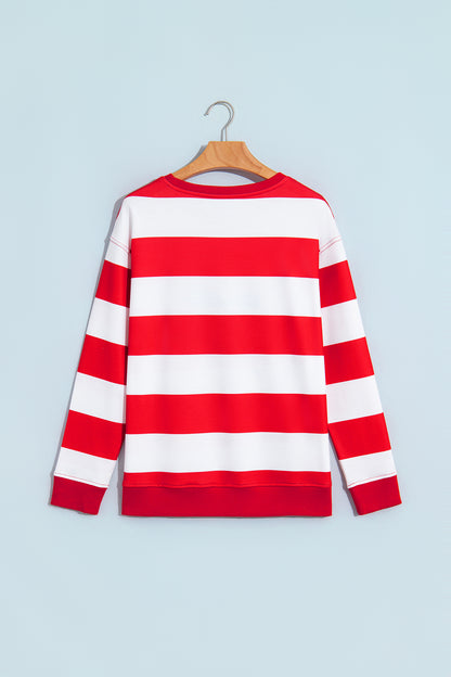 Red Stripe holly jolly Letter Embroidered Pullover Sweatshirt