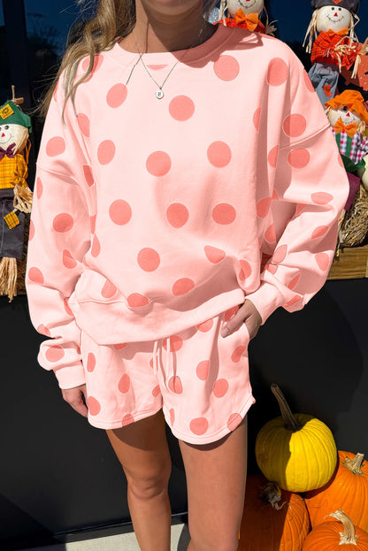 Multicolour Polka Dot Print Drop Shoulder Pullover Drawstring Shorts Set
