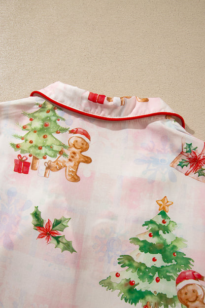 Pink Abstract Christmas Print Long Sleeve Two Piece Shift Lounge Set