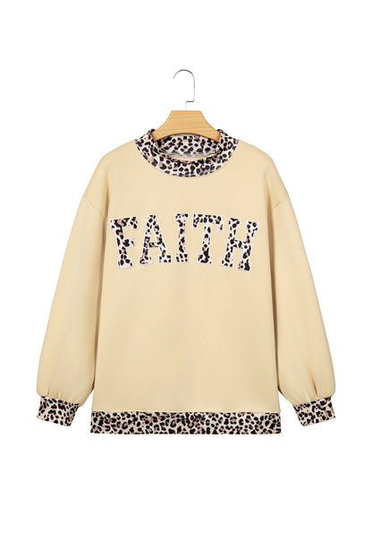Coffee Polka Dot Trim High Neck BLESSED Letter Graphic Baggy Sweatshirt