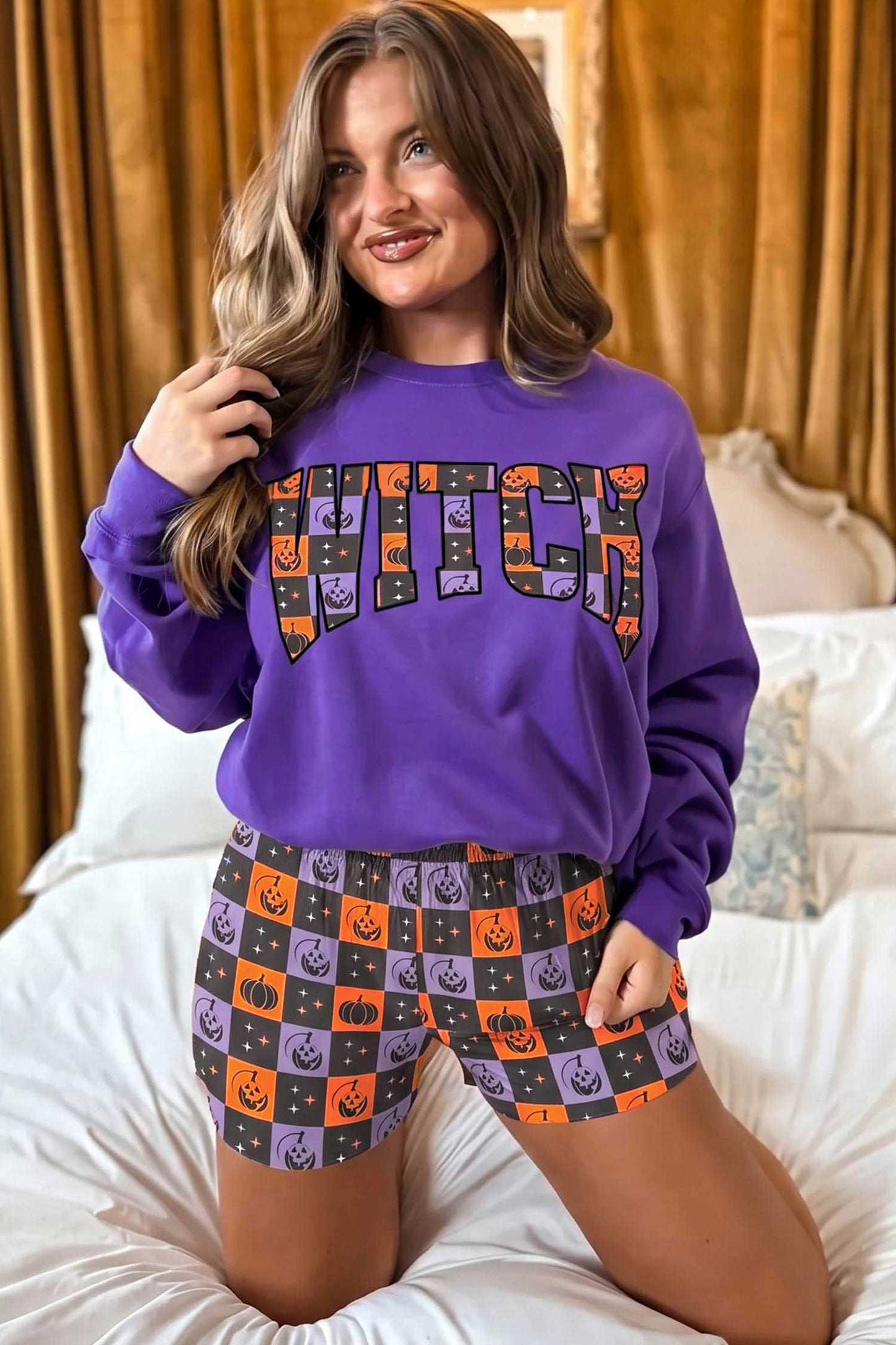 Orange Witch Letter Print Long Sleeve Top Checkered Elastic Waist Shorts Set