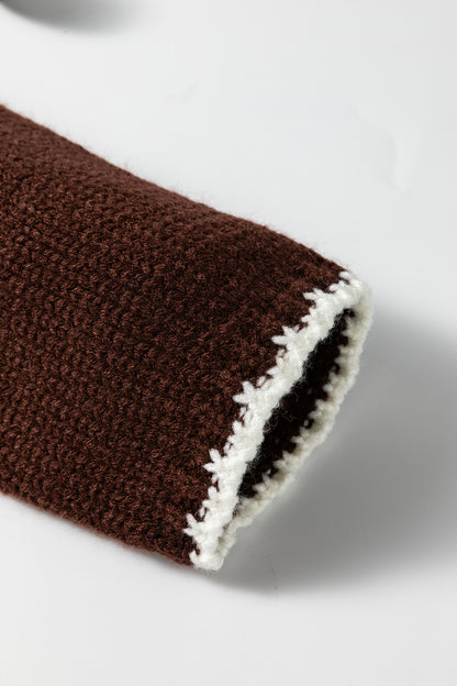 Dark Khaki Contrast Trim Mock Neck Drop Shoulder Relaxed Sweater