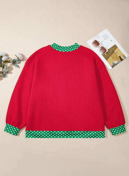 Dark Green Polka Dot Patchwork Round Neck Plus Size Sweatshirt