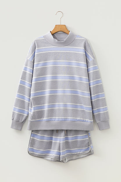 Sky Blue Stripe Exposed Seam Patchwork High Neck Long Sleeve Top and Shorts Set