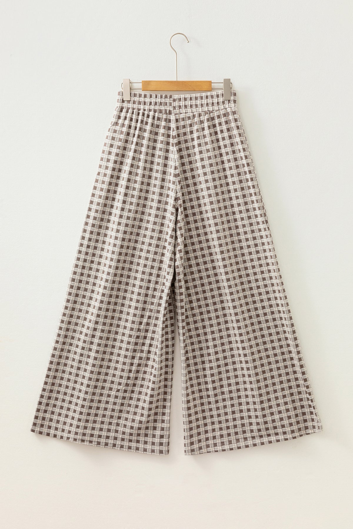 Brown Plaid Elastic Waist Patch Pocket Wide Leg Pants