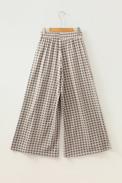 Brown Plaid Elastic Waist Patch Pocket Wide Leg Pants