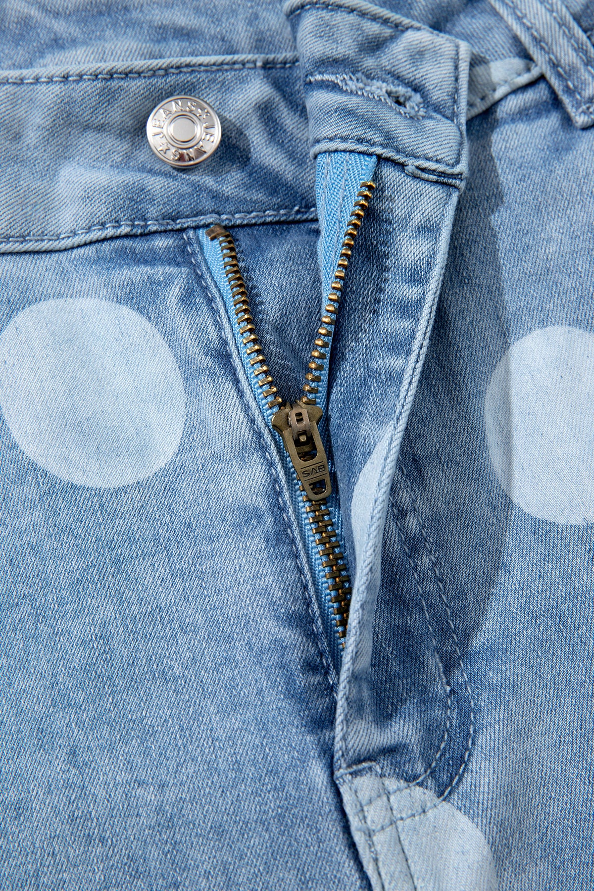 Sky Blue Polka Dot Ankle-Length Metal Button Casual Jeans