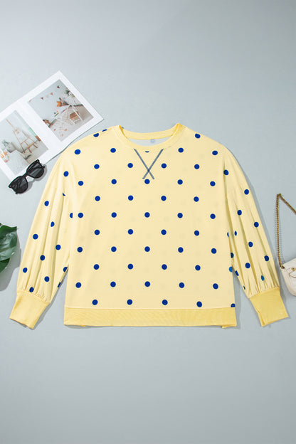 Beige Round Neck Long Sleeve Polka Dot Plus Size Top