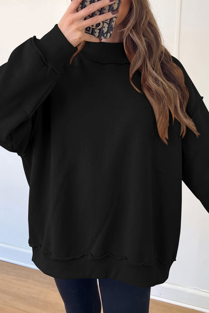 Black Oversize Drop Shoulder Reversible Mock Neck Sweatshirt