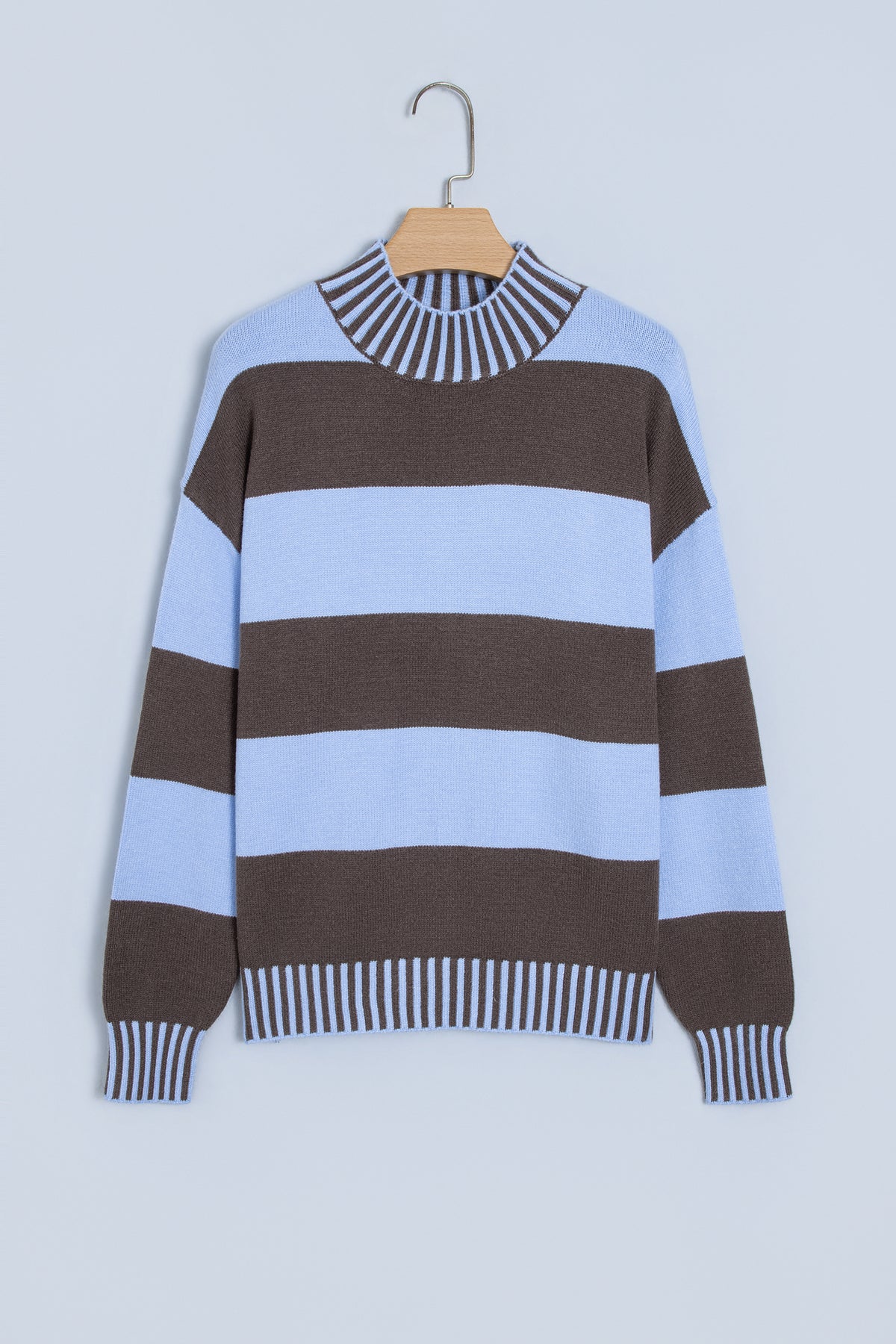 Sky Blue Stripe Contrast High Neck Dropped Shoulder Relaxed Pullover Sweater