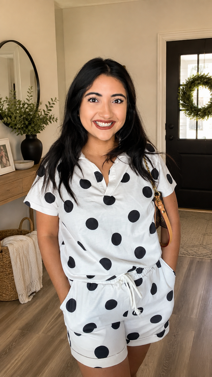 Beige Polka Dot Print V Neck Tee Short Set