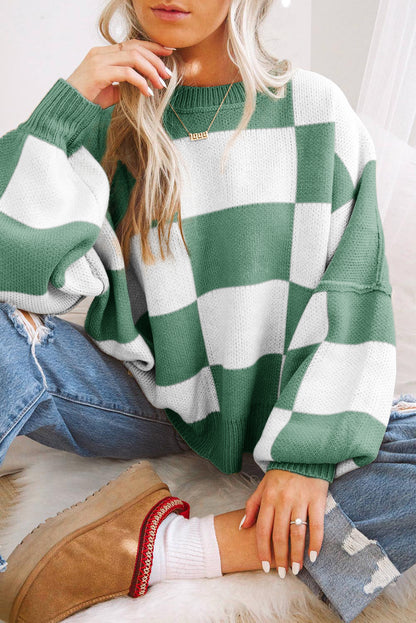 Black Checkered Bishop Sleeve Sweater