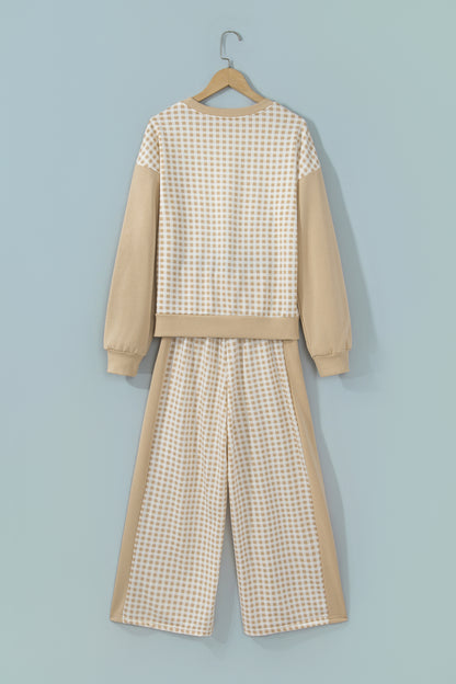 Pink Color Block Plaid Patchwork Long Sleeve Pullover Wide Leg Pant Set