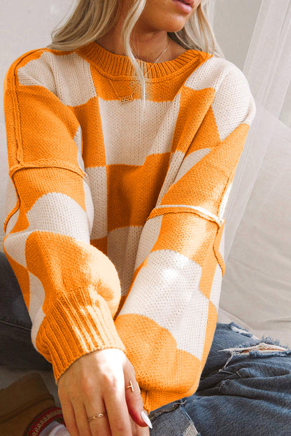 Black Checkered Bishop Sleeve Sweater