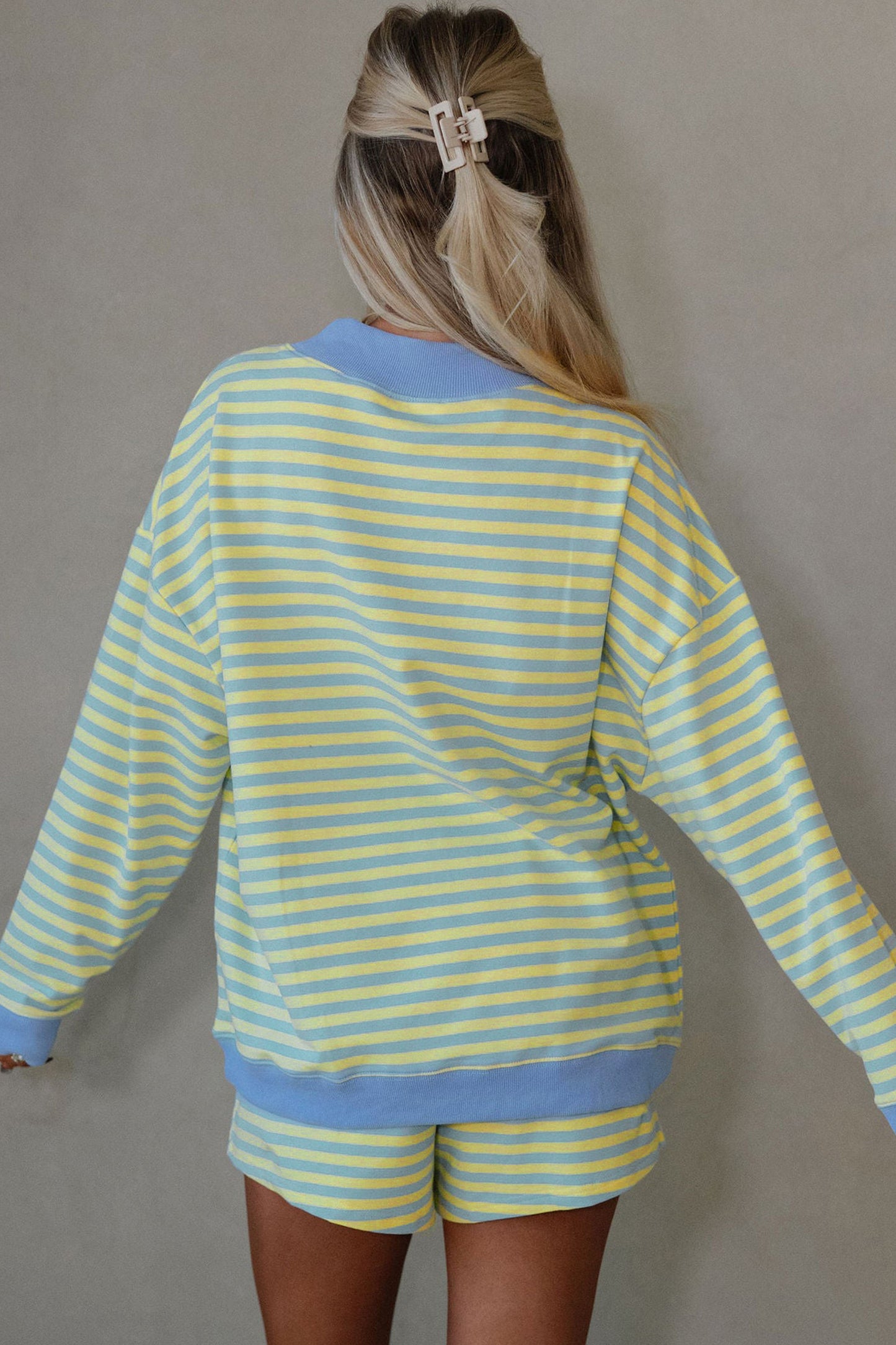 Green Stripe Color Block Detail Long Sleeve Pullover Elastic Waist Pull On Shorts 2pcs Set