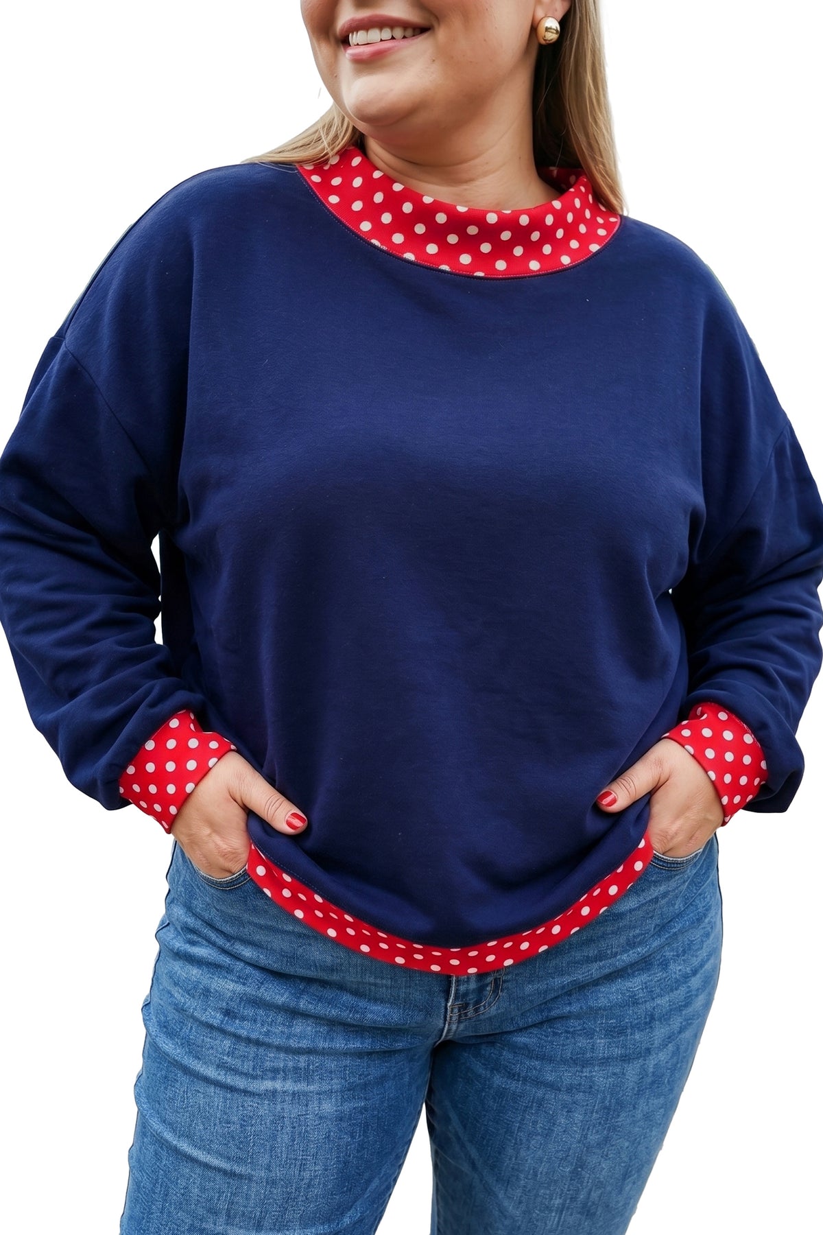 Dark Green Polka Dot Patchwork Round Neck Plus Size Sweatshirt