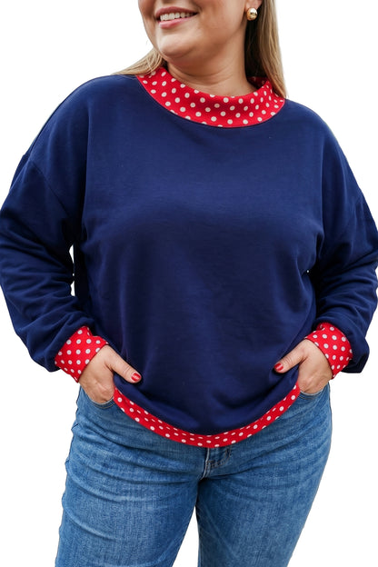 Dark Green Polka Dot Patchwork Round Neck Plus Size Sweatshirt