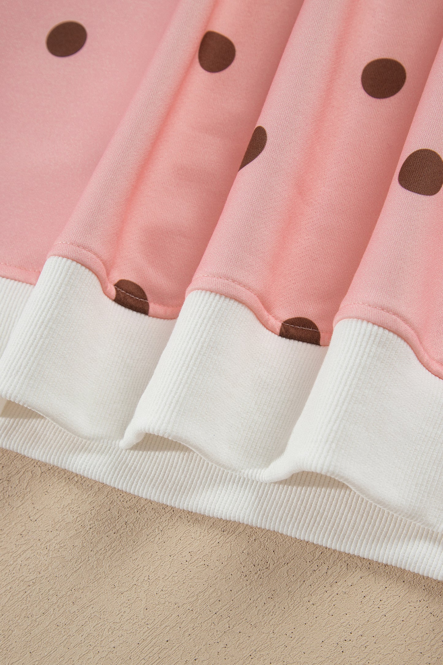 Brown Polka Dot Ribbed Trim Long Sleeve Top Casual Short Set
