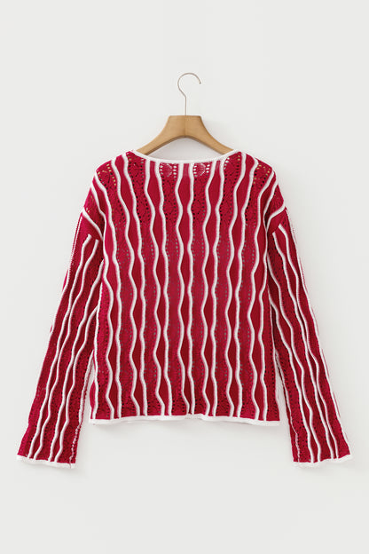 Racing Red Wavy Detail Hollow Out Knit Long Sleeve Cotton Pullover Sweater