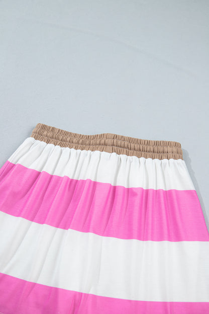 Rose Stripe Colorblock Trim Polo Tee Drawstring Mini Skirt 2pcs Set