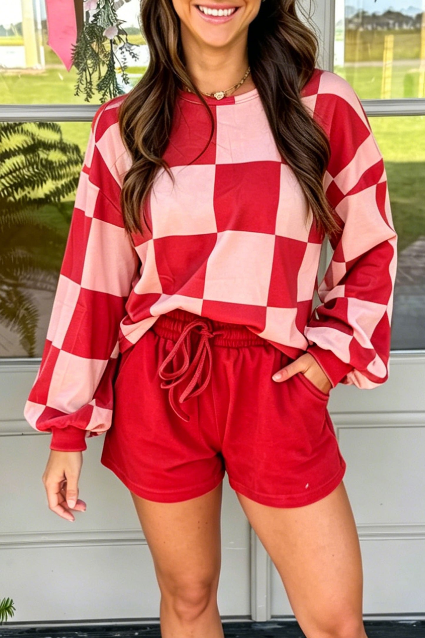 Khaki Checkerboard Plaid Long Sleeve Solid Color Shorts 2pcs Set