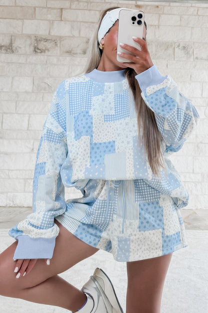 Sky Blue Patchwork Floral Print Drop Shoulder Baggy Pullover Drawstring Shorts Set