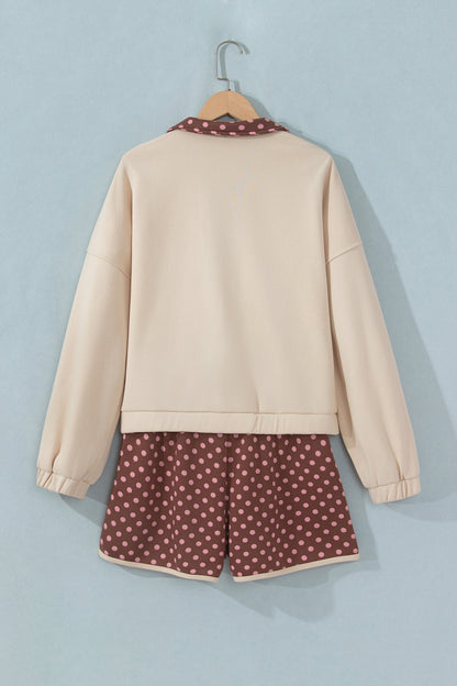 Brown Polka Dot Contrast Baggy Pullover and Elastic Waist Shorts 2pcs Set