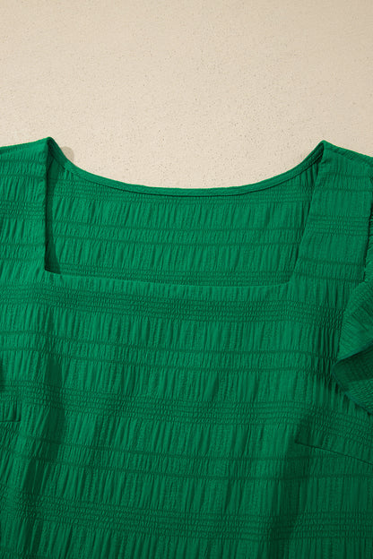 Dark Green Textured Square Neck Top and Shirred High Waist Shorts Set