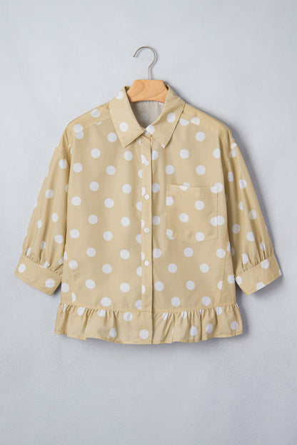 White Polka Dot Print Three Quarter Sleeve Ruffle Hem Casual Shirt