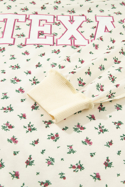 Beige Floral Print Stand Neck Long Sleeve Slogan Sweatshirt