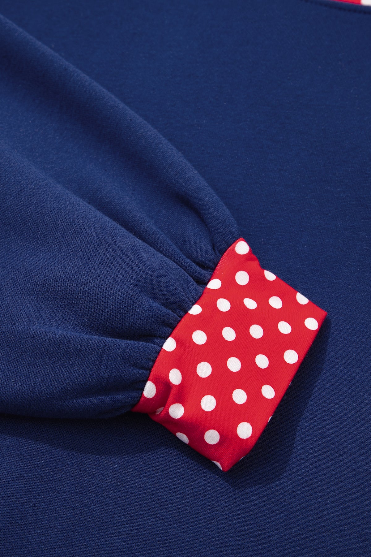 Dark Green Polka Dot Patchwork Round Neck Plus Size Sweatshirt