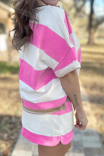 Rose Stripe Colorblock Trim Polo Tee Drawstring Mini Skirt 2pcs Set