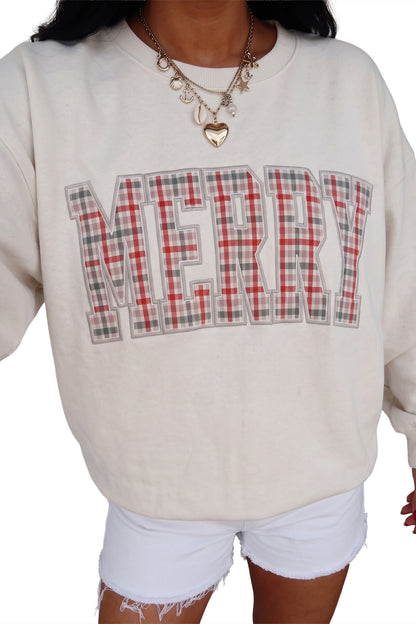 White Embroidered Plaid MERRY Sweatshirt
