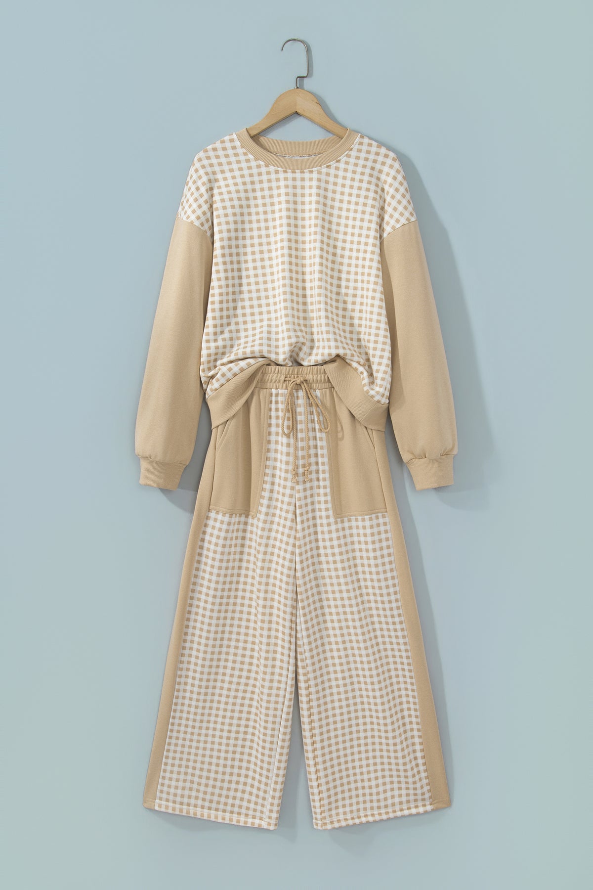 Pink Color Block Plaid Patchwork Long Sleeve Pullover Wide Leg Pant Set