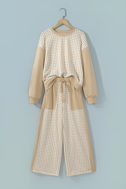Pink Color Block Plaid Patchwork Long Sleeve Pullover Wide Leg Pant Set