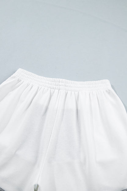 Prussian Blue Exposed Seam Detail Half Sleeve Top Elastic Waist Shorts 2pcs Set