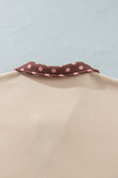 Brown Polka Dot Contrast Baggy Pullover and Elastic Waist Shorts 2pcs Set