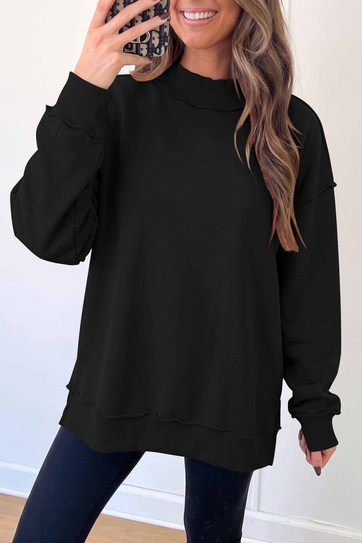 Black Oversize Drop Shoulder Reversible Mock Neck Sweatshirt