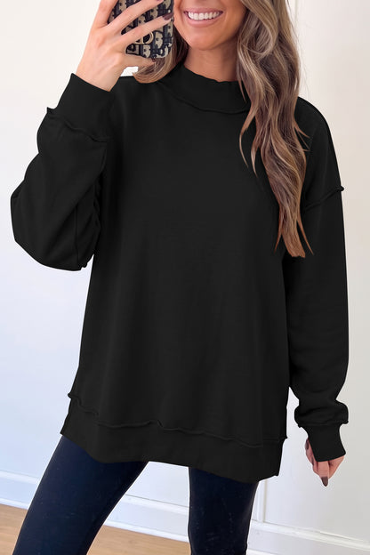 Black Oversize Drop Shoulder Reversible Mock Neck Sweatshirt
